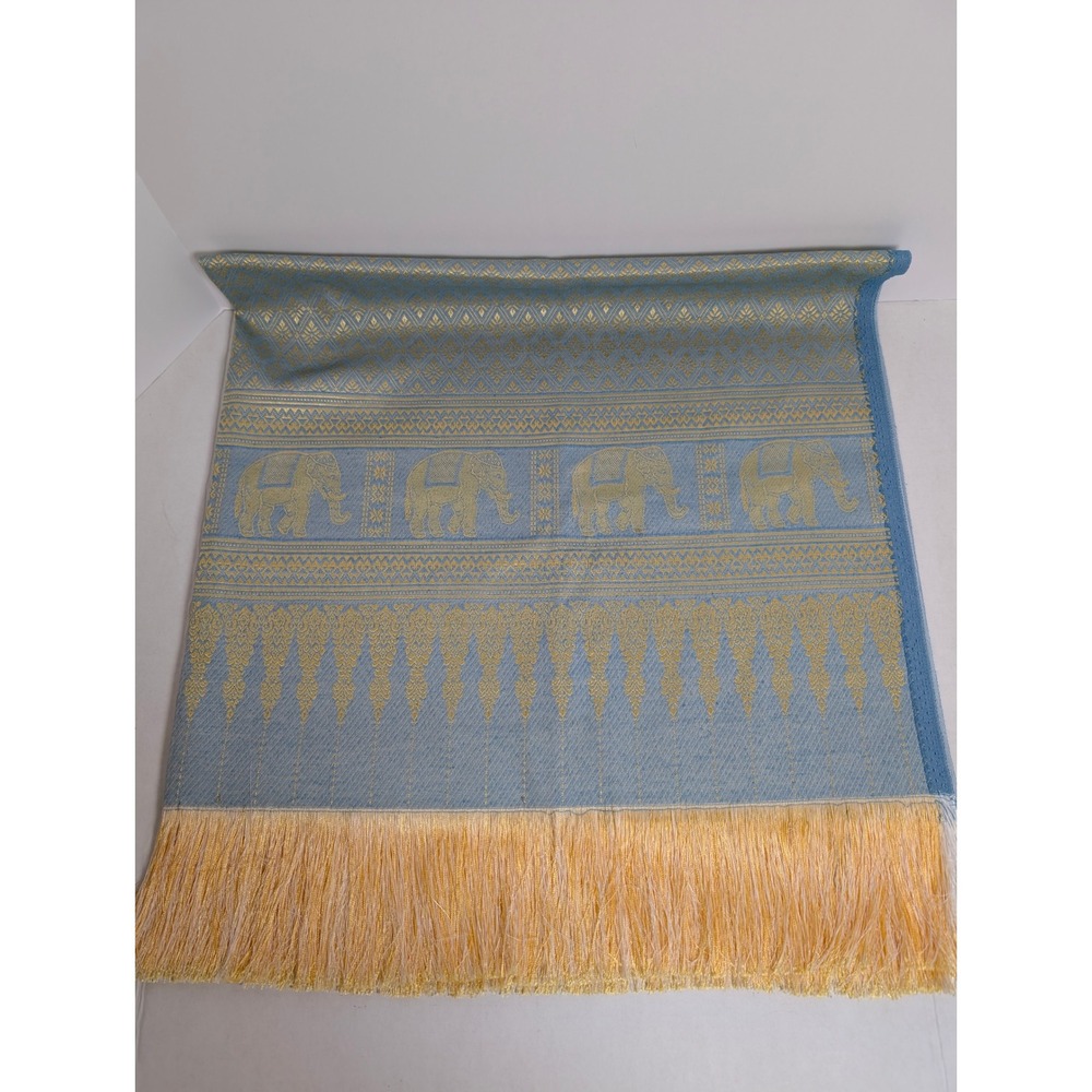 Handmade Thai Golden Elephant Blue & Gold Rectangle Tablecloth Fringe 40x78"